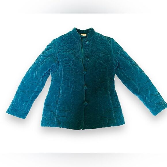 Imperial Hong Kong Velvet Look Blazer Jacket Size Small Teal Vintage Holidays - Picture 1 of 10